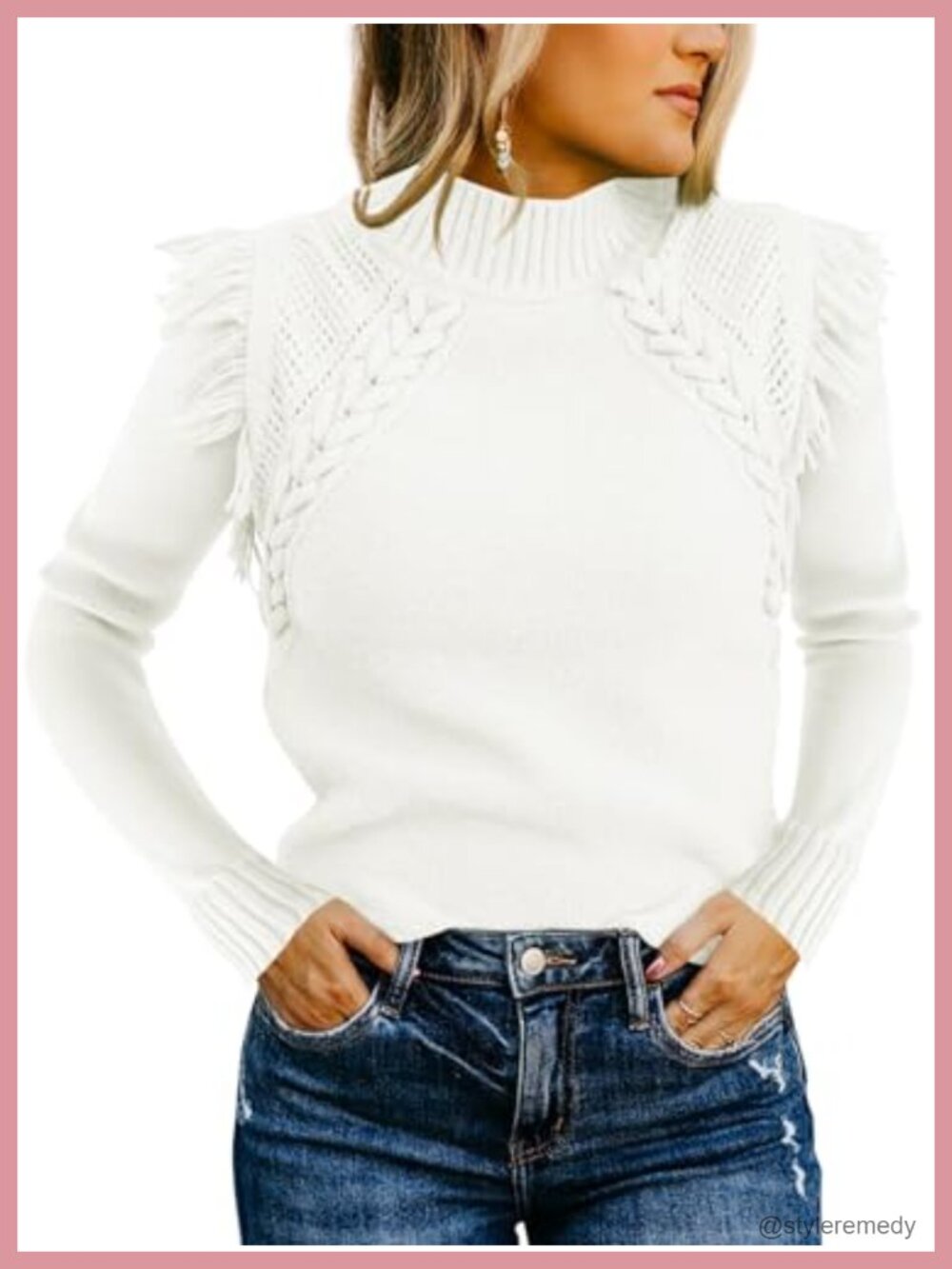 Womens Cable Knit Mock Neck Fringe Sweater Slim Fit Boho Pullover